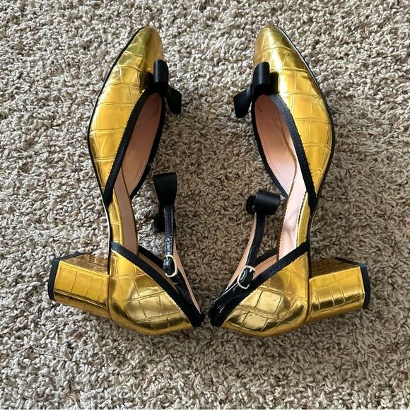 J. Crew Millie Bow Ankle Strap Heels in Metallic Croc Embossed Leather Gold 10 - Picture 7 of 12